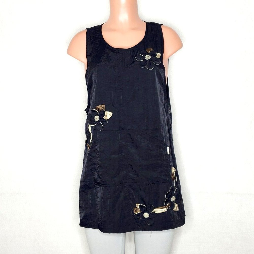 Cortile VTG Black Taffeta Tunic Top Split Button Sides Large* 3D Applique Flower